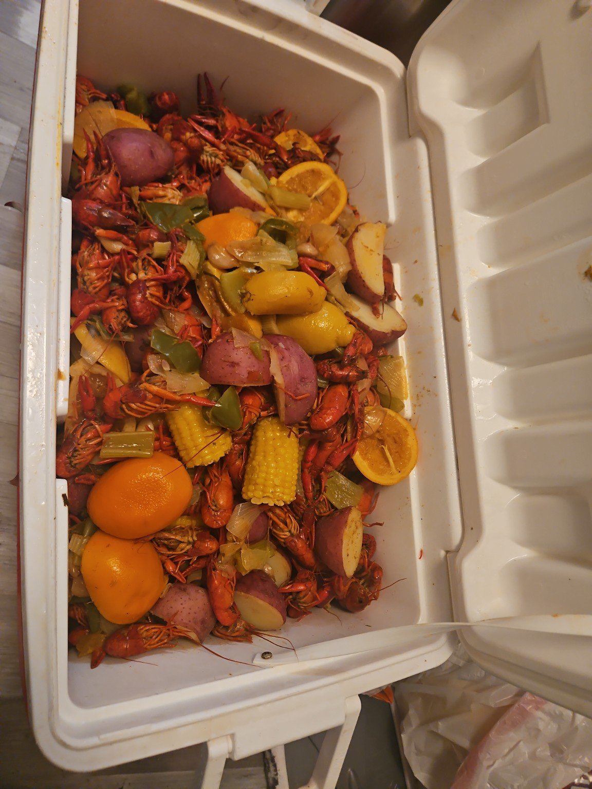 Finished crawfish boil ready to serve